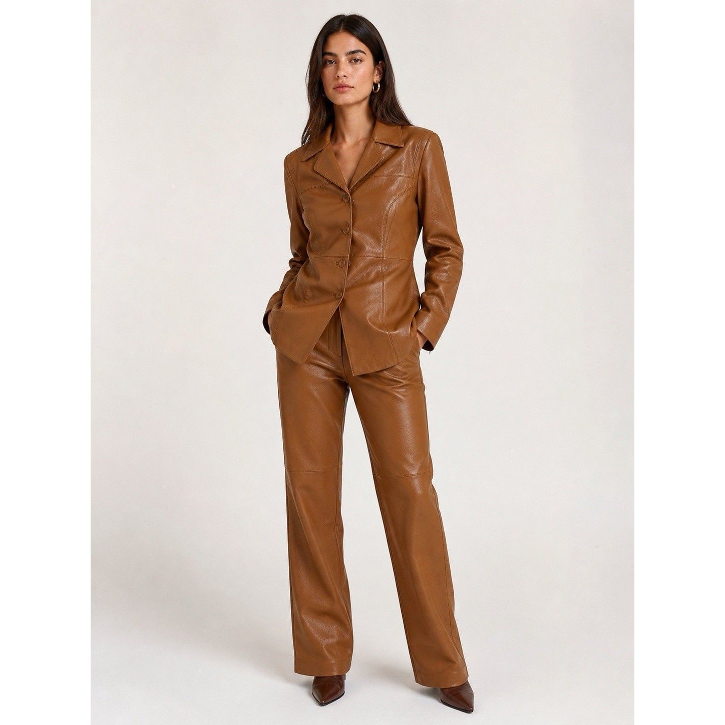 70s Set Caramel Brown Leather Jacket Pant Suit Set Vintage 2pc Clio Western Sz 4